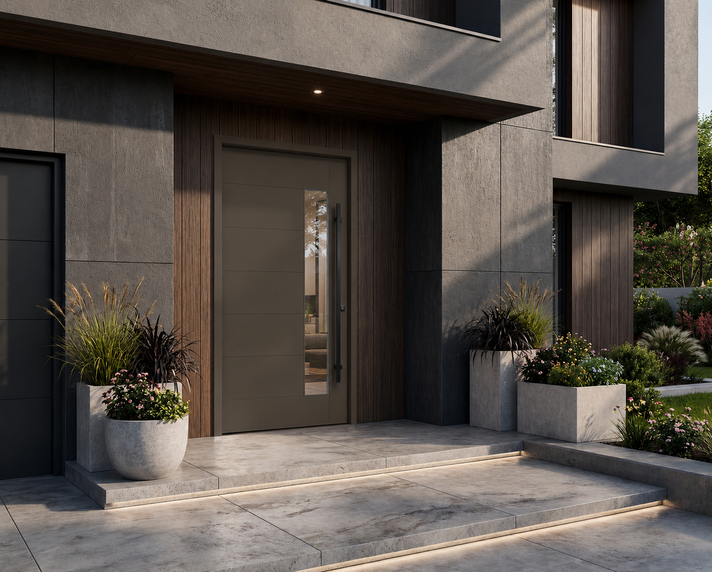 Modern villa cephesinde cam detaylı alüminyum giriş kapısı